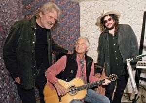 Kris Kristofferson, left, Stephen Bruton and producer Don Was work on Kristofferson’s new album in March at the Village Studio in West L.A. Bruton joined Kristofferson’s band shortly after graduating from college. © Ricardo DeAratanha / Los Angeles Times