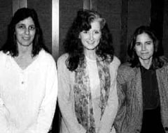 Bonnie Raitt (center) is flanked by Berklee Guitar assistant professors Robin Stone (left) and Lauren Pasarelli (right).