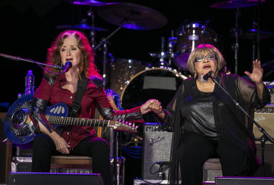 Bonnie Raitt and Mavis Staples, sing, "Well, Well, Well," during the Austin City Limits Hall of Fame Induction and Celebration held at ACL Live at the Moody Theatre, in Austin, Tx., on Wednesday, Oct. 12, 2016. Performers B.B. King, Bonnie Raitt and Kris Kristofferson, were inducted. (AUSTIN AMERICAN-STATESMAN / RODOLFO GONZALEZ)